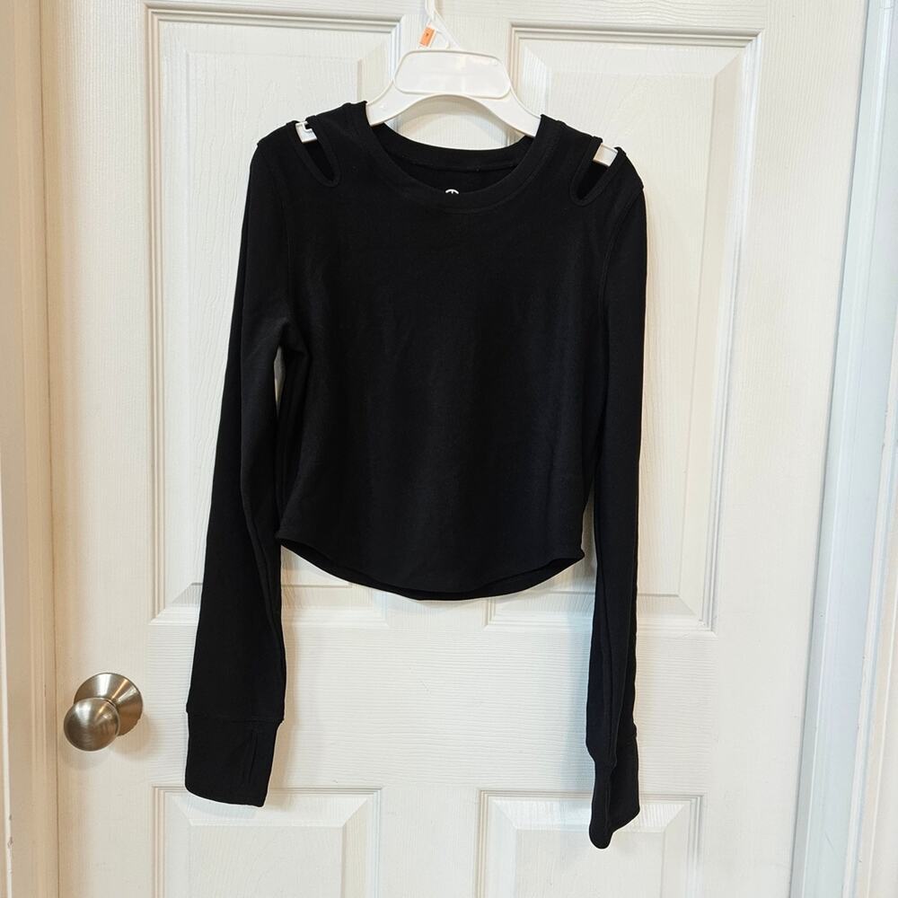 Move Theology Black Cropped Long Sleeve Top Cutout Shoulder Athletic Gym Women M